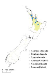 Hydrocleys nymphoides distribution map based on databased records at AK, CHR, NZFRI, OTA, WAIK & WELT.
 Image: K.Boardman © Landcare Research 2020 CC BY 4.0